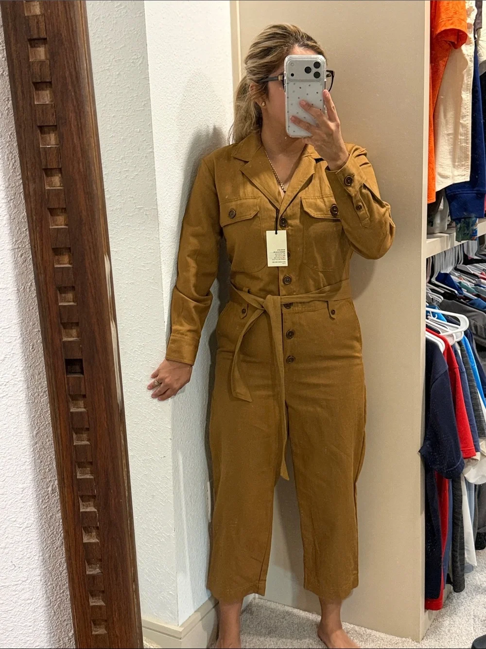 camel-colored Banana Republic Heritage Safari Cotton-Linen Cropped Jumpsuit